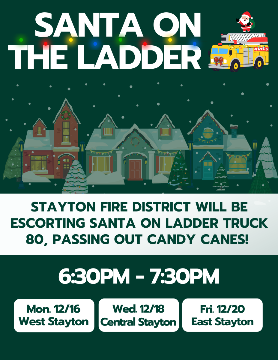 an advertising graphic for the event featuring the same information included on the main page but in a way that is appealing in design, it also features a graphic of santa claus on top of a yellow fire truck, riding on the ladder on top of the truck. 