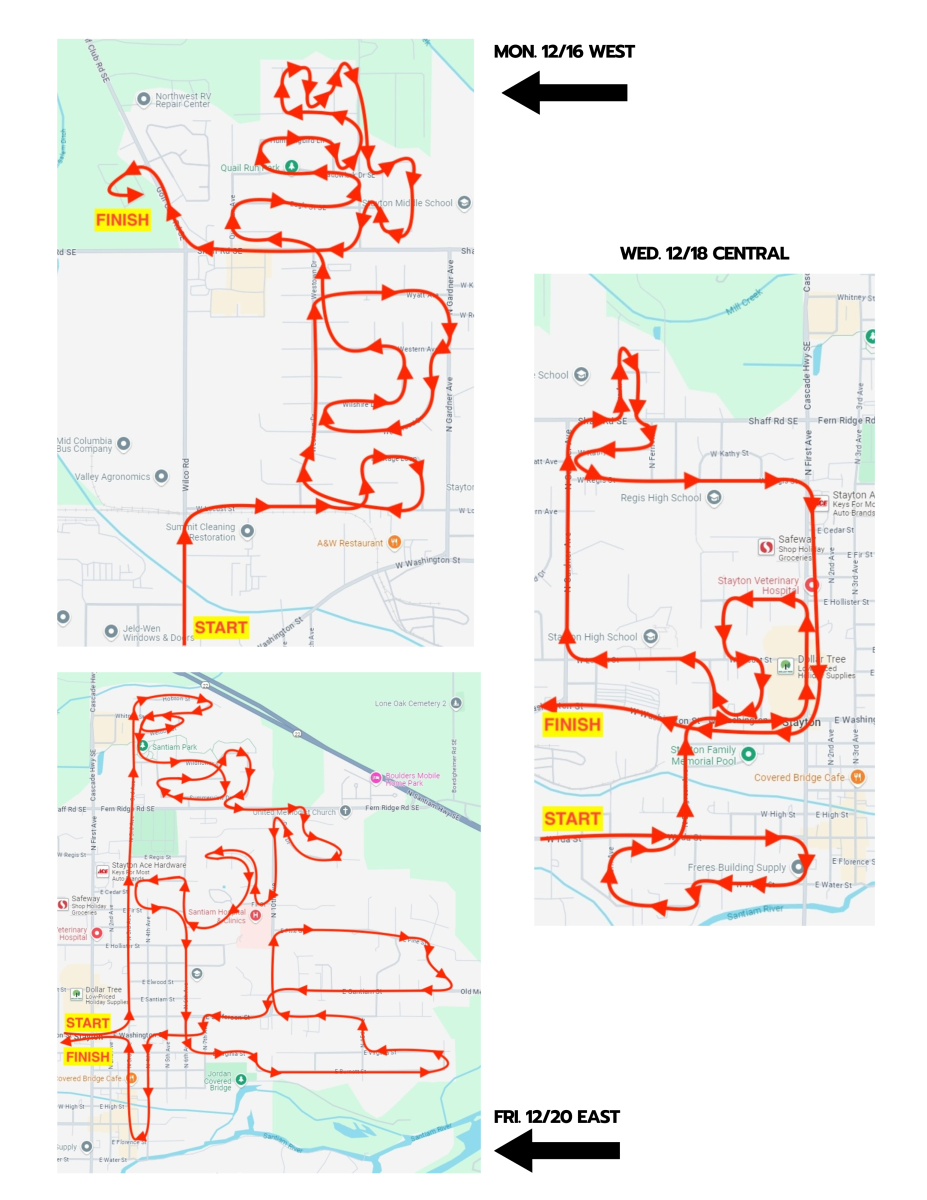 a consolidated map of the routes santa will take on the stayton fire district ladder truck through stayton.