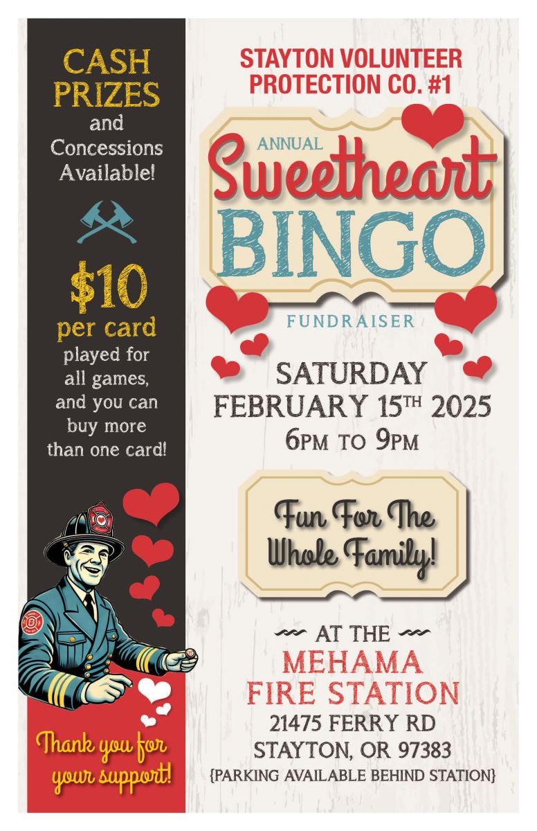 Stayton Volunteer Protection Company #1 hosts annual sweetheart bingo fundraiser saturday february 15th 2025